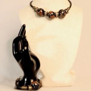 Bohemian Necklace And Bracelet Set Ceramic Bead Metal And Leather Wound